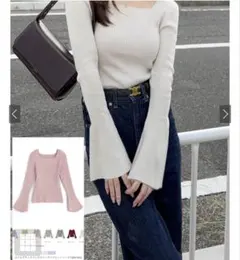 GRL スクエアネックフレアスリーブリブニットトップス[k9153c]