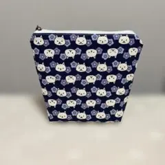 ネコとお花のファスナーポーチ（S）ネイビー