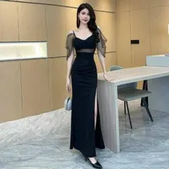 ブラック Vネック スリットドレス パーティードレス⋆*⋆*・.