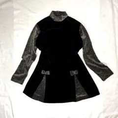 ベロア切替 チュニックワンピース ブラック レオパード風 リボンデザイン M〜L