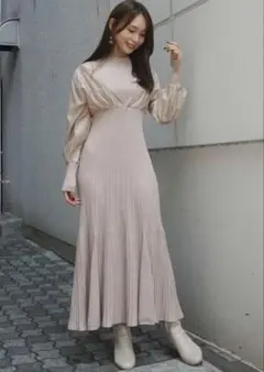 mercuryduo 異素材ドッキングフレアロングスリーブニットワンピース