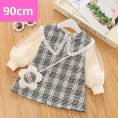 ワンピース　90cm　キッズ　花　うさぎ　チェック　ブラック　誕生日　入園式