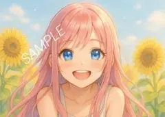 女の子 イラスト 夏 自然 笑顔 癒し ひまわり 麦わら帽子 No.171