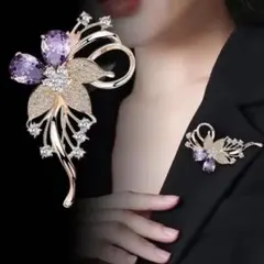 パープルストーン フラワー ブローチ キラキラ