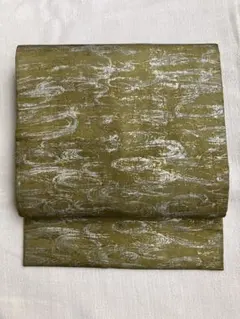 No.13 アンティーク名古屋帯　抹茶色　金銀糸 水流　抽象柄　正絹