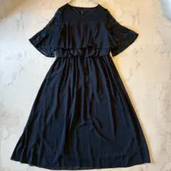 ネイビーレース袖パーティー　フリル　ロングドレス　LL