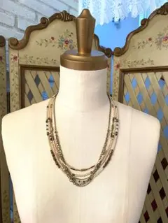 ５連　ネックレス　パール　ビーズ　ピンク　ゴールド　ミルキー色　アンティーク調