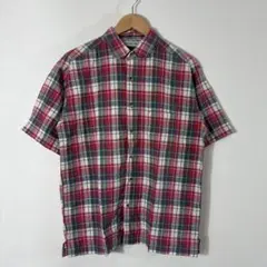 90s インド製 マドラスチェック 半袖シャツ ラウンドカラー 赤 L レトロ