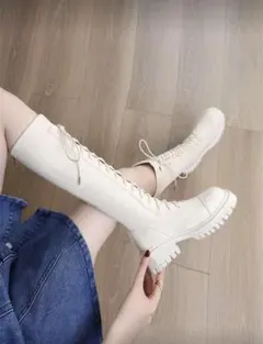 SHEIN レースアップフラットロングブーツ【ホワイト・EUR42】