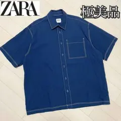 美品　ZARA ザラ シアサッカー オーバーサイズ ステッチシャツ ネイビー　M