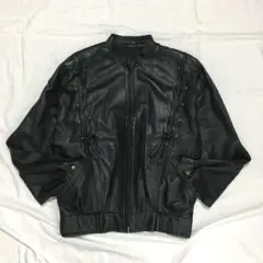 【個性派古着】デザイン革ジャン　本革　黒　ツヤあり　レースアップ　ファスナー46