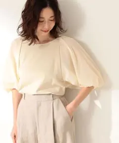 【美品】デミルクスビームス*コンビパフスリーブブラウス、白、バルーン袖