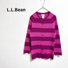 【エルエルビーン】綿混 ケーブル編み ボーダー ニット カーディガン 派手 XS