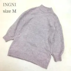 イング 長袖ニット M ハイネック パープル 体型カバー ゆったりサイズ