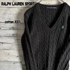 ラルフローレンスポーツ　コットンケーブルニット　刺繍ロゴ　レディースS　黒