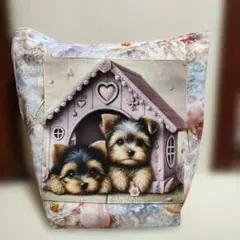 子犬イラスト 花柄ミニトートバッグ