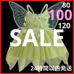 【100】羽付き　コスプレ　ワンピース　ディズニー　妖精　緑色　子供　キッズ