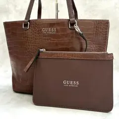 ✨美品✨GUESS ゲス トートバッグ クロコ型押し A4収納可 ポーチ付き 茶