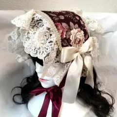 ヘッドドレス（ワインレッド×クリーム　アンティーク風）ロリータアクセサリー