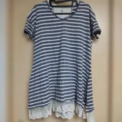 fu-ai ボーダー Vネック チュニック 半袖 レース付きサイズ4