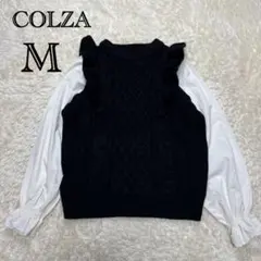 コルザ　レイヤードニットベスト　ブラウス　フリル　重ね着　モノトーン　長袖　M