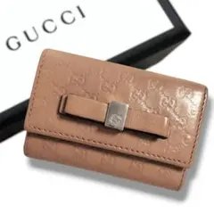 GUCCI GG マイクロシマ リボン ゴールド金具 レザーキーケース ピンク 