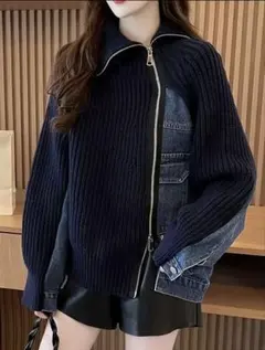 ネイビー ジップアップ ニットセーター デニムスリーブ