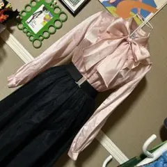 レトロ古着 ボウタイ&フリル 長袖ブラウス ヴィンテージ 古着 ピンク