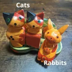 アジアン雑貨　ネコ&うさぎ&フラワーベンチ　木製　4点セット販売❗