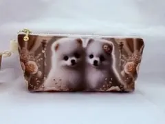 フラットポーチ ハンドメイド 犬柄 前後ポメちゃん 両面パネル生地