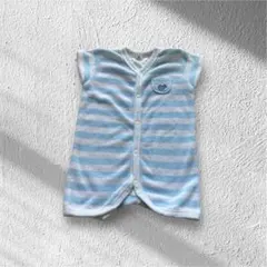 (美品)水色ストライプ 半袖ロンパース