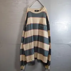 X-LARGE ボーダー 長袖カットソー 刺繍ロゴ XL ベージュ グレーのサムネイル