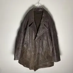 70s ユーロヴィンテージ 本革 ダブル カーコート 裏地チェック総柄 XL以上