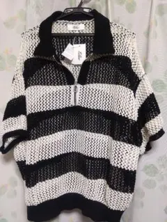 メッシュ編み ブラック×ホワイト Tシャツ M