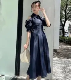 dazzlin オープンショルダーデニムステッチワンピース(インディゴ)