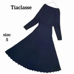 ティアクラッセ 長袖 ロングワンピース ニット フレア プリーツ Vネック 上品