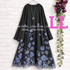 8499新品⭐️LL＊豪華バラ刺繍チュールレース重ねワンピース大きいサイズ
