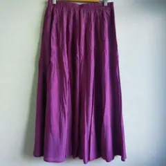 【未使用】春夏パープル 楊柳 フレアロングスカート0403-M