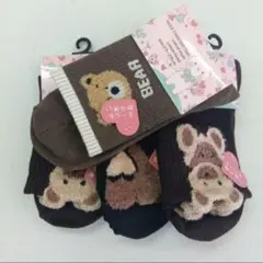 2『靴下』4足セット くま ハート モール部分使い 新品 ブラウン レディース