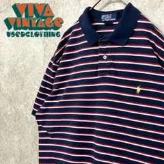 レア【古着】ポロバイラルフローレン ボーダーポロシャツ ネイビー メンズ2XL