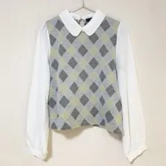 アズノウアズピンキー　アーガイル柄ニットシャツ　ブラウス