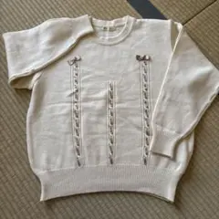 アイボリー ニットセーター 長袖 リボン付き L L