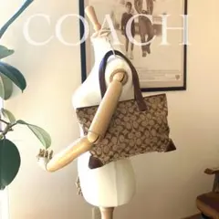 コーチ キャンバス×レザー シグネチャー ハンドバッグ キャメル×茶色 軽量