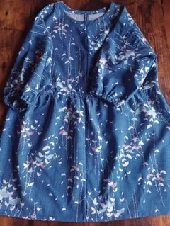 着物リメイク　花柄五分袖チュニック（青色水色）かわいい　個性的