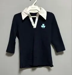 MILKネイビー 七分袖ポロシャツ 四つ葉のクローバー刺繍のサムネイル