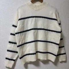 アイボリー ブラック ストライプ ハイネックセーター S