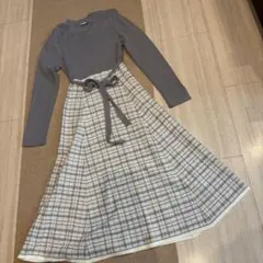 Index グレー ニット ロングワンピース チェック柄