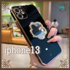 【iphone13ケース】花柄 ミラーフォンケース ソフトケース ブラック 韓国