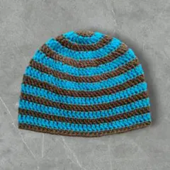 213-2クラッシャーハット　古着　クロシェハット　ビーニー　ボーダー 茶色水色