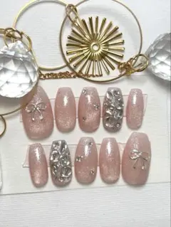 マグネットネイル　ネイルチップリボン　ビジュー　ガーリー　韓国　ベイビーブーマー